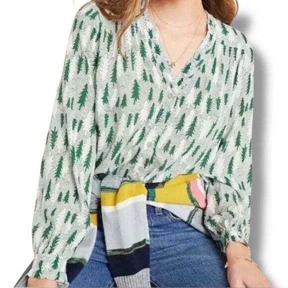 Maeve Anthropologie 4 Green White Blouse Holiday Whimsical Cottagecore Flowy Top - Picture 1 of 12